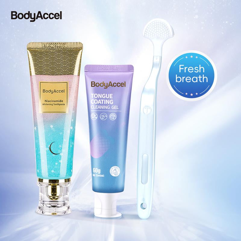 [Sw]Bodyaccel Triple Whitening Oral Care Bundle: Morning + Night Whitening Toothpaste & Tongue Cleaning Gel (Teeth Brightening | Fresh Breath Combo)