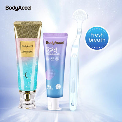 [Sw]Bodyaccel Triple Whitening Oral Care Bundle: Morning + Night Whitening Toothpaste & Tongue Cleaning Gel (Teeth Brightening | Fresh Breath Combo)